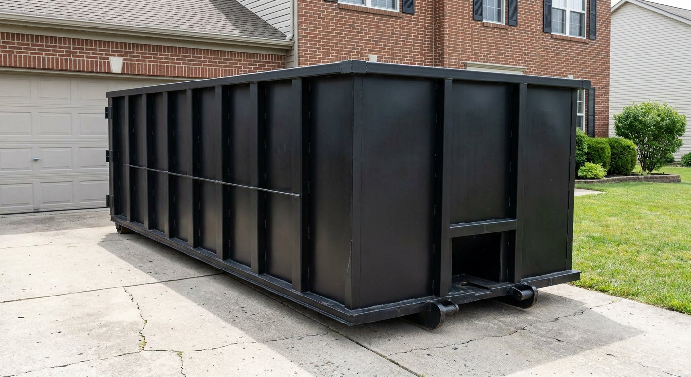Matte-black 20-yard roll-off container on a Norwalk residential concrete driveway with reinforced ribbed steel sidewalls and a hinged rear walk-in door, clean bright daylight.
