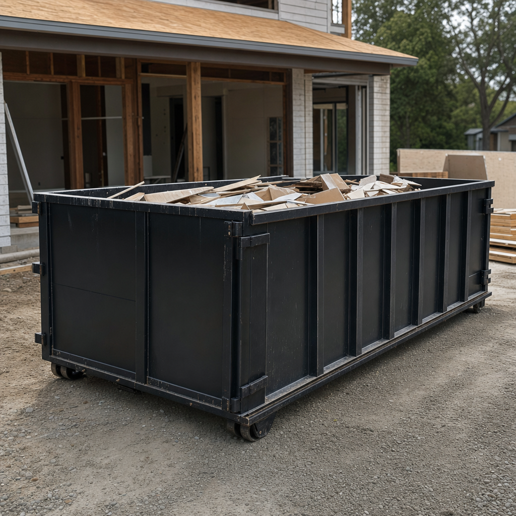 Large matte-black 30-yard construction roll-off dumpster at an active Norwalk jobsite, steel-gray top rails and bottom rollers visible, loaded with construction debris.