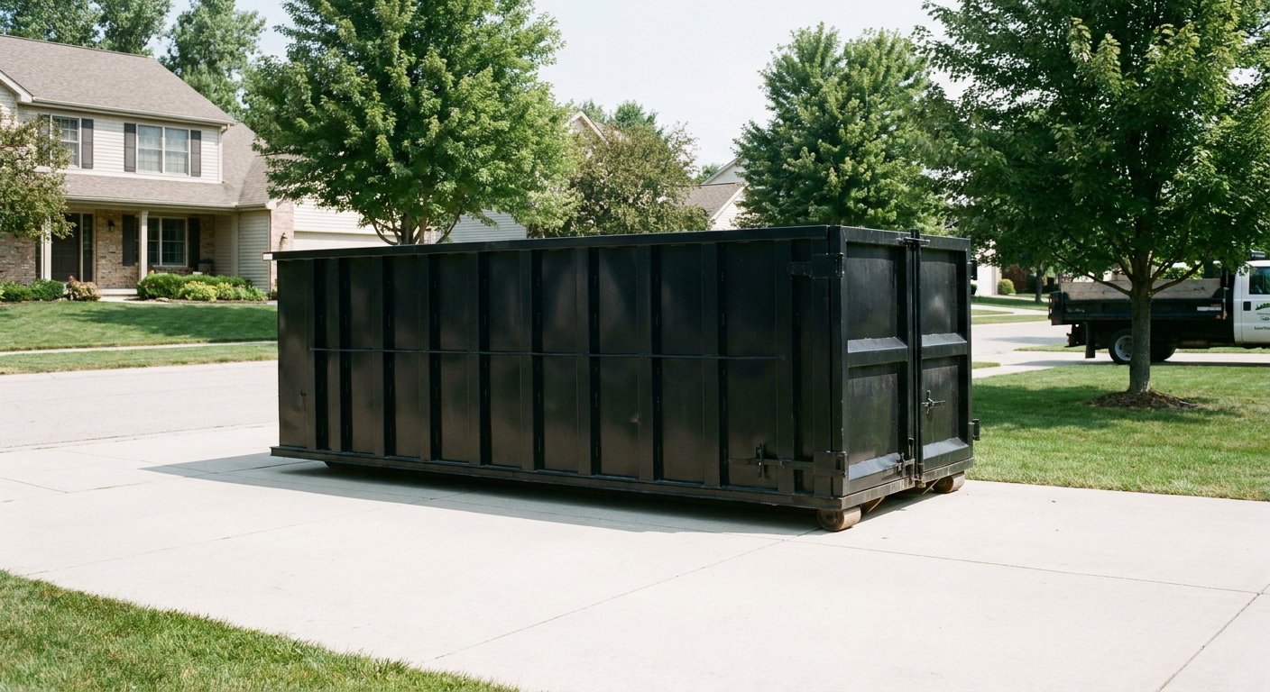 Matte-black 20-yard roll-off dumpster sitting level on a clean Norwalk residential concrete driveway under bright daylight, demonstrating clean placement directly on the concrete.