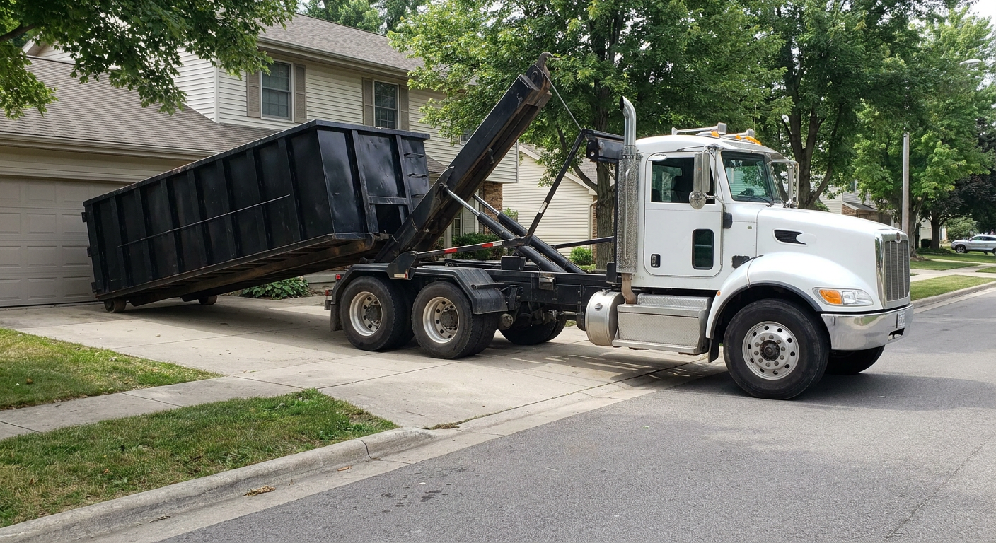 White-cab hooklift roll-off truck actively lowering a matte-black dumpster onto a Norwalk residential concrete driveway, the dumpster's rear wheels touching the driveway as the hoist arm tilts the bed forward, mid-morning daylight.