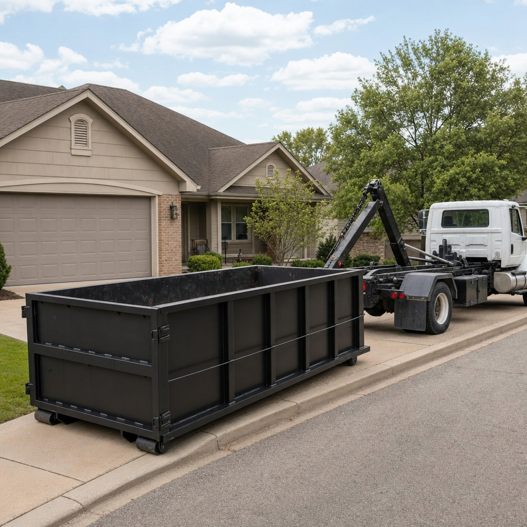Wide documentary shot of a matte-black roll-off dumpster on a Norwalk residential driveway in the foreground and a contractor jobsite container in the soft-focus background, bright daylight, calm and orderly composition.