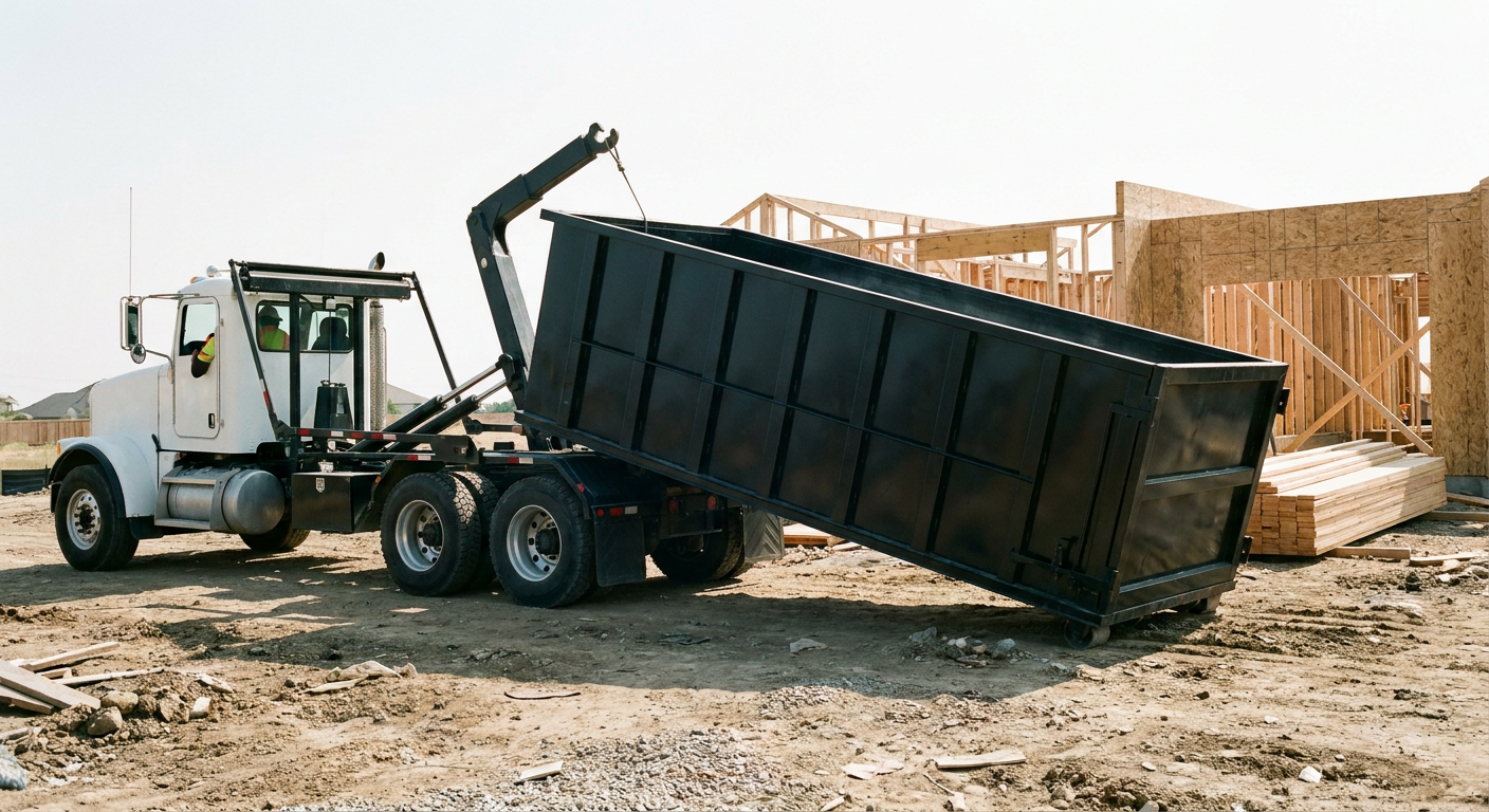 Matte-black roll-off dumpster being delivered onto a clean residential concrete driveway in Norwalk by an unmarked white hooklift hauler truck, bright morning daylight, documentary 35mm perspective.